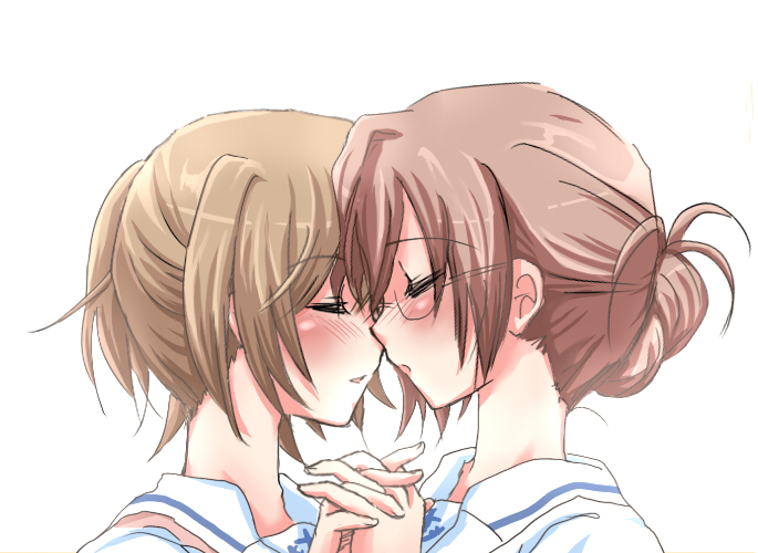 2girls, blonde_hair, blush, brown_hair, closed_eyes, glasses, hakuisei_ren'ai_shoukougun, holding_hands