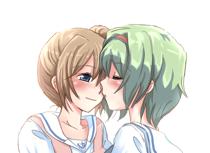 2girls, blonde_hair, blue_eyes, blush, closed_eyes, fujisawa_nagisa, green_hair, hairband