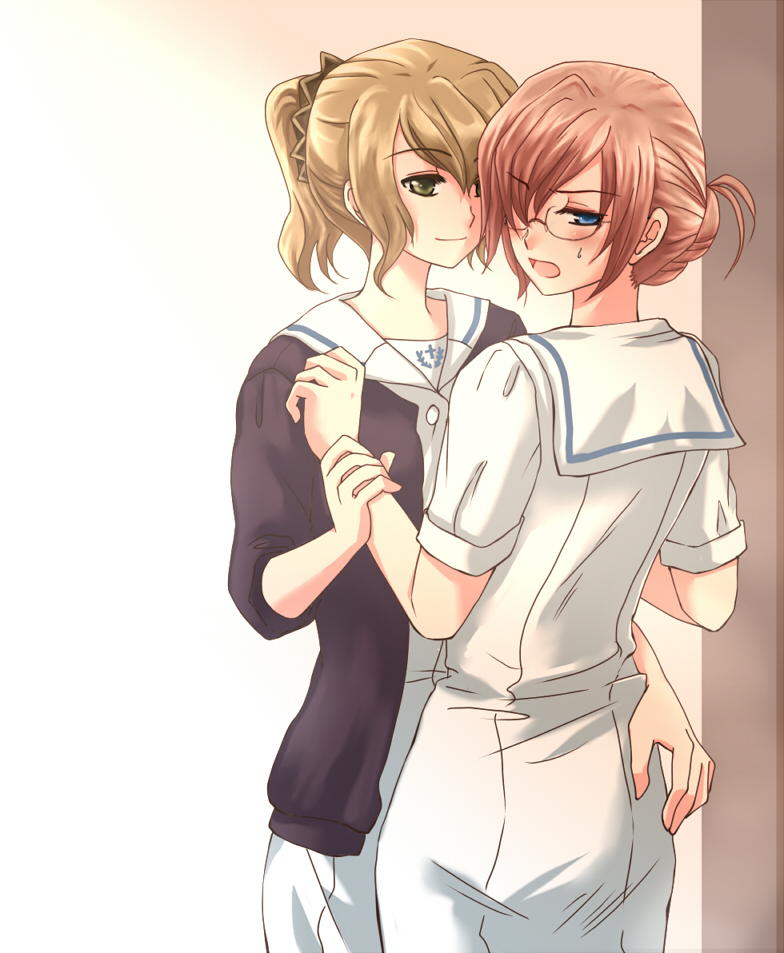 2girls, ass, averting_eyes, blonde_hair, blue_eyes, blush, embarrassed, glasses, hakuisei_ren'ai_shoukougun, hand_on_own_ass, holding_another's_wrist, hug, light_smile, looking_away, multiple_girls, numanuma, nurse, ootsuka_hatsumi, pink_hair, ponytail, uniform, yamanouchi_yasuko, yellow_eyes, yuri