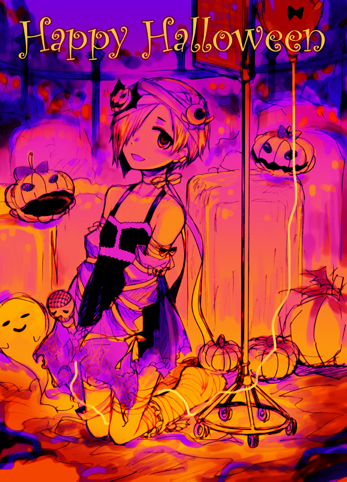 10s, 1girl, babydoll, bad_id, bandages, detached_sleeves, earrings, female_focus