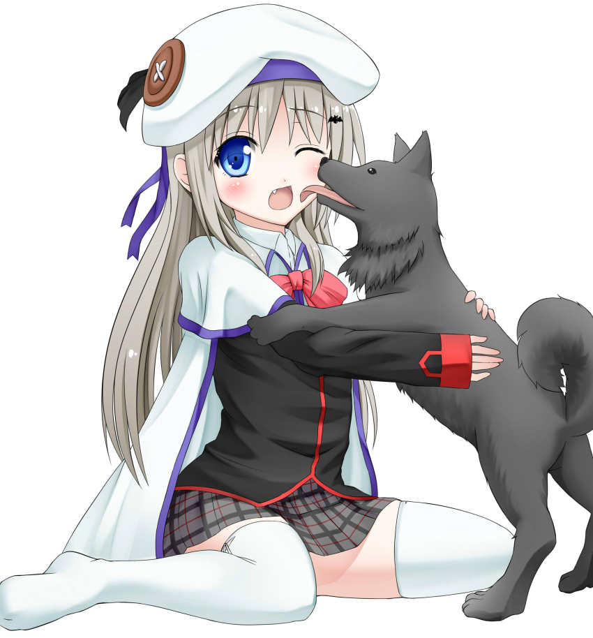 1girl, belka_(little_busters!), blue_eyes, cape, dog, fang, female_focus, hat