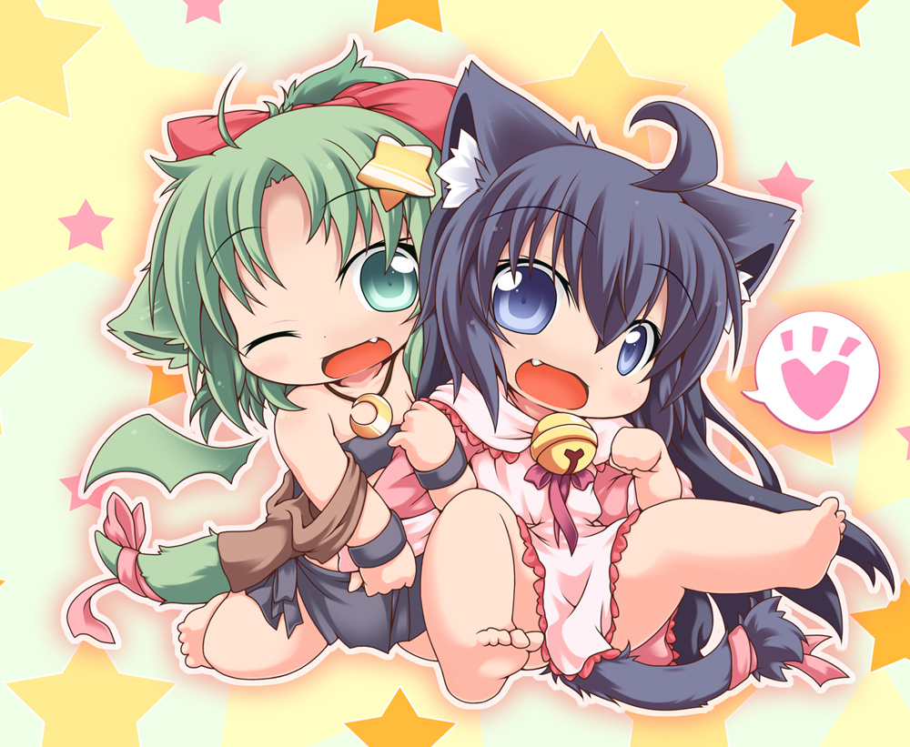 2girls, :d, ;d, ahoge, animal_ears, aqua_eyes, arm_hug, bandeau, bare_shoulders, barefoot, bell, black_hair, blue_eyes, blush, bms_of_fighters, bow, capelet, cat_ears, cat_tail, chibi, collar, crescent, dress, fang, feet, flat_chest, frilled_dress, frills, full_body, green_hair, hair_between_eyes, hair_bow, hair_ornament, happy, head_tilt, heart, high_ponytail, jewelry, jingle_bell, kuroneko_liger, long_hair, multiple_girls, neck_bell, necklace, one_eye_closed, open_mouth, outline, paw_pose, ponytail, ribbon, sarong, shawl, short_hair, sitting, smile, speech_bubble, spoken_heart, spread_legs, star_(symbol), star_hair_ornament, tail, tail_ornament, tail_ribbon, very_long_hair, wariza, wings, wink, wristband, yellow_background