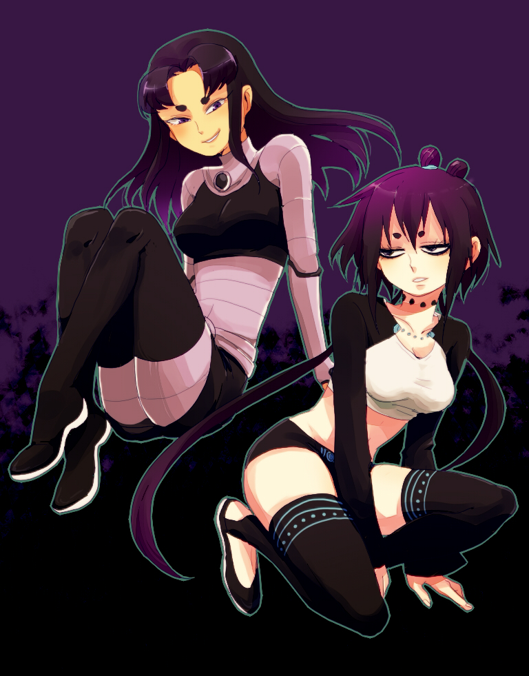 2girls, alien, armor, black_hair, blackfire, boots, dc_comics, double_bun, female_focus, flats, floating, flying, kagyuu_maburu, long_sleeves, midriff, multiple_girls, nejimaki_kagyuu, purple_eyes, purple_hair, smile, tagme, teen_titans, thigh_boots, thighhighs
