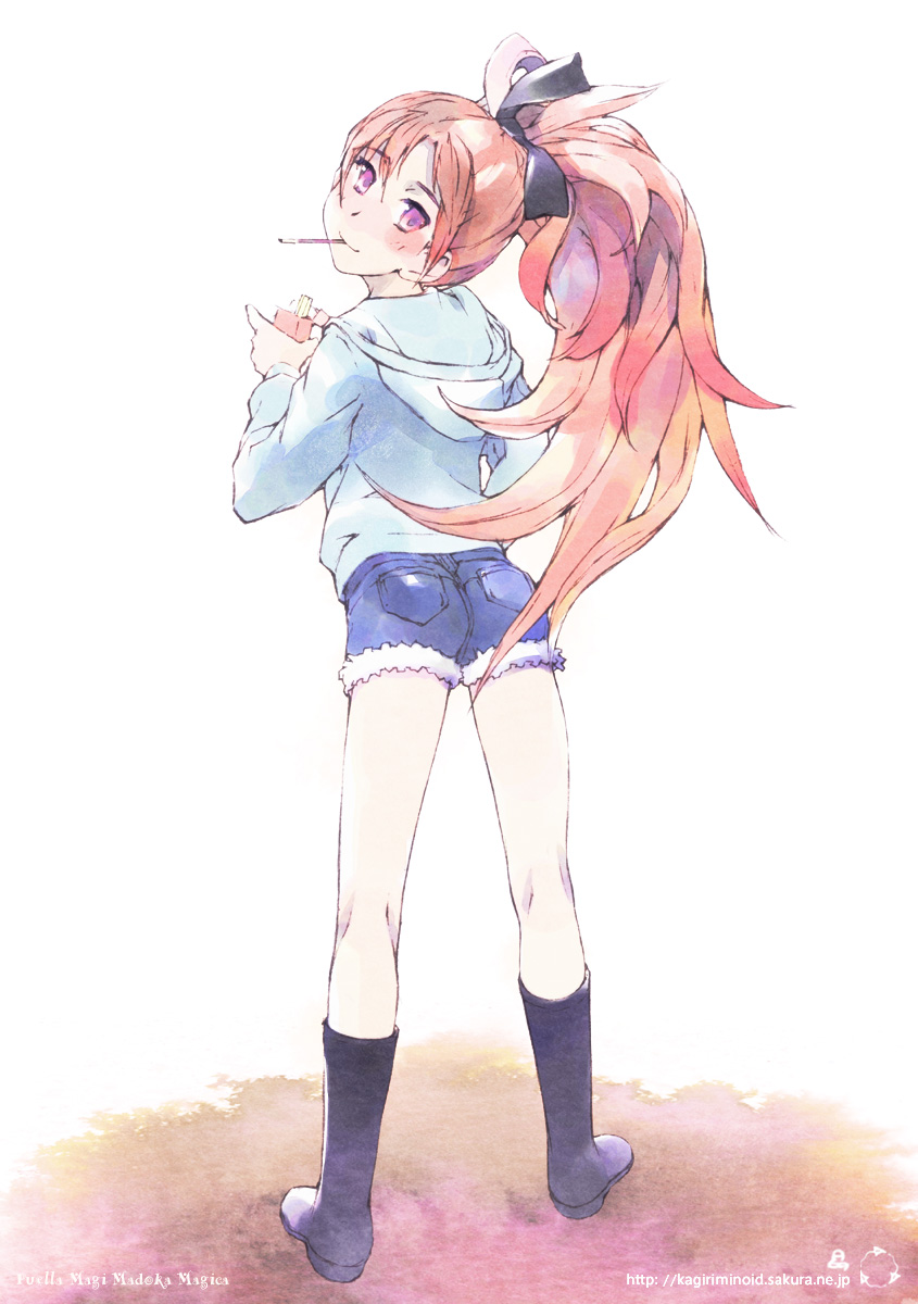 10s, 1girl, boots, bow, casual, copyright_name, denim, denim_shorts