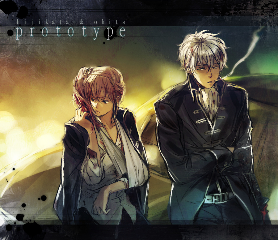 1boy, 1girl, arm_sling, bad_id, bad_pixiv_id, cigarette, genderswap, genderswap_(mtf), gintama, hijikata_toushirou, long_hair, military, military_uniform, okita_sougo, okita_souko, prototype_design, sasakuma, side_ponytail, silver_hair