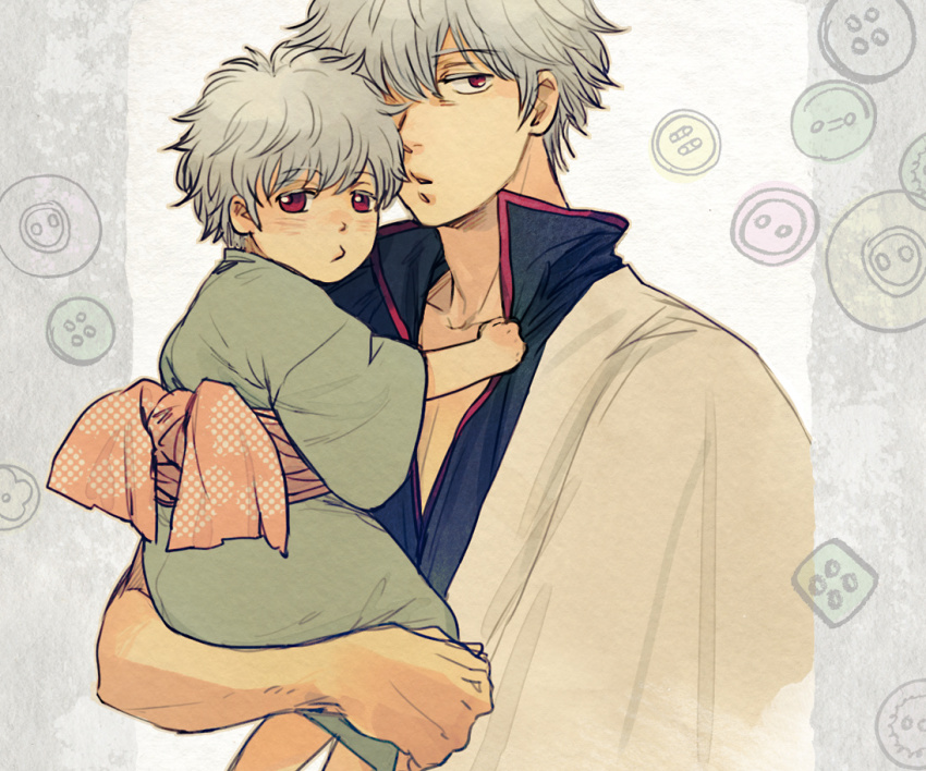 2boys, baby, bad_id, bad_pixiv_id, dual_persona, gintama, japanese_clothes, kimono, male_focus, multiple_boys, aged_up, red_eyes, sakata_gintoki, sasakuma, silver_hair, toddler, aged_down