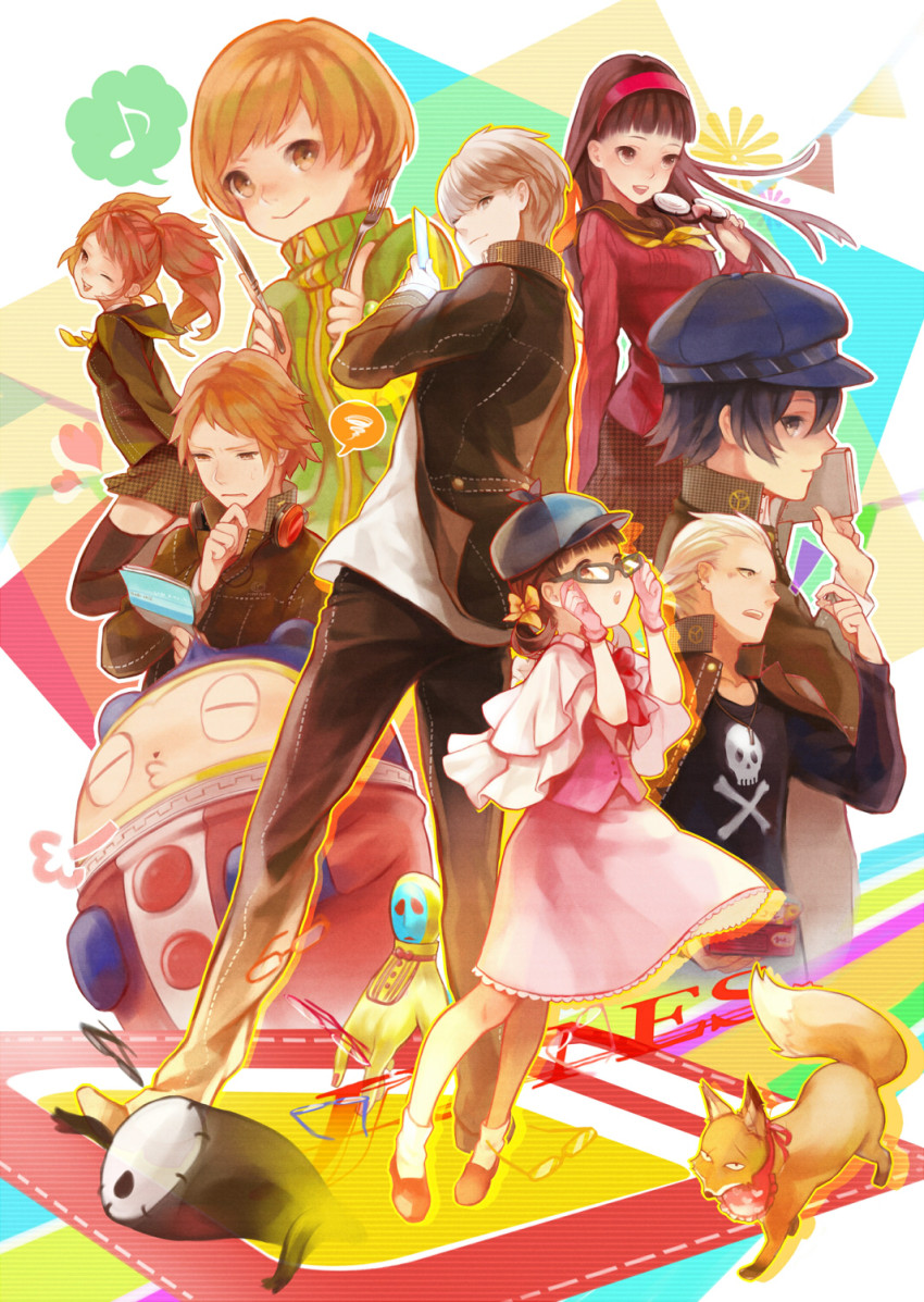 4boys, 5girls, amagi_yukiko, atlus, bespectacled, black_hair, blue_hair, brown_eyes, brown_hair, newsboy_cap, capelet, card, cosplay, doujima_nanako, fork, fox, groucho_glasses, glasses, grey_hair, hair_ribbon, hanamura_yousuke, hat, headphones, highres, joke_glasses, knife, kujikawa_rise, kuma_(2ch), kuma_(persona_4), long_hair, magical_detective_loveline, magical_detective_loveline_(cosplay), multiple_boys, multiple_girls, narukami_yu, neckerchief, one_eye_closed, pekoo_(pekota), pekopekotaro, persona, persona_4, persona_4_the_animation, ribbon, satonaka_chie, school_uniform, serafuku, shadow_(persona), shirogane_naoto, short_hair, smile, squiggle, tatsumi_kanji, twintails, wink