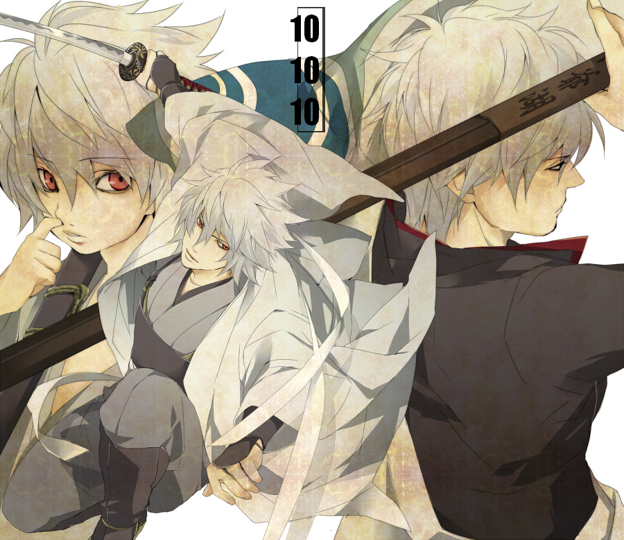 3boys, bad_id, bad_pixiv_id, bokken, enri2010, gintama, headband, japanese_clothes, joui, katana, male_focus, multiple_boys, multiple_persona, aged_up, red_eyes, sakata_gintoki, silver_hair, sword, weapon, wooden_sword, aged_down