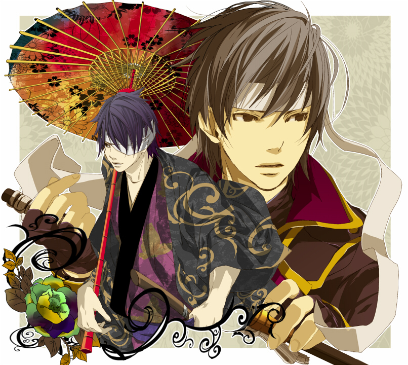 2boys, bad_id, bad_pixiv_id, bandage_over_one_eye, brown_eyes, brown_hair, enri2010, fingerless_gloves