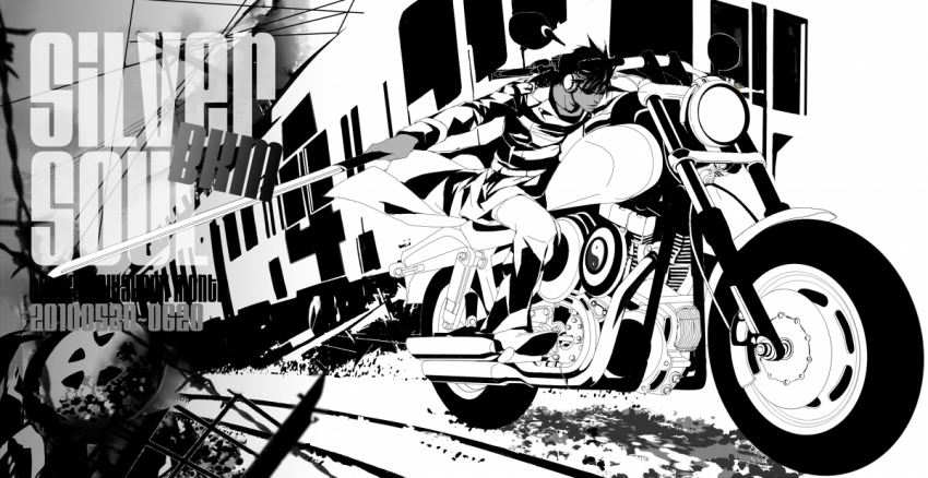 1boy, bad_id, bad_pixiv_id, enri2010, gintama, greyscale, headphones, katana