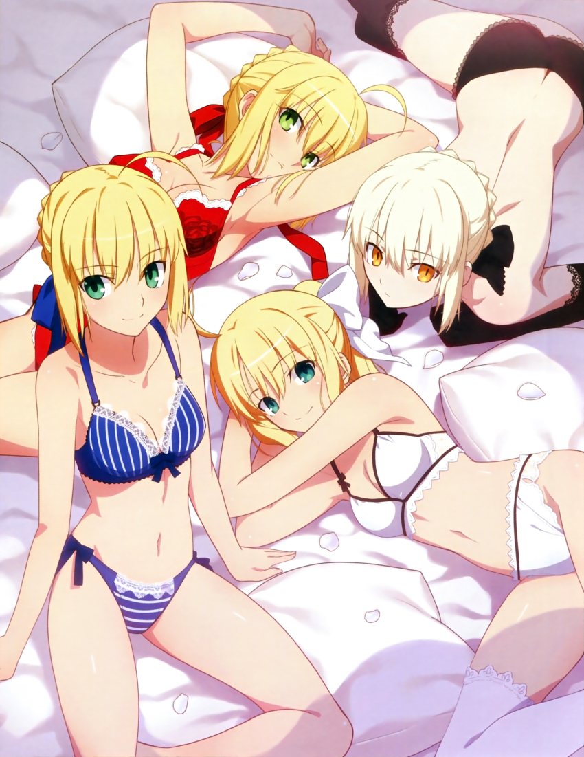 10s, 4girls, absurdres, ahoge, alternate_costume, alternate_hairstyle, arm_support, armpits, arms_up, artoria_pendragon_(fate), ass, bed, black_bra, black_gloves, black_panties, black_thighhighs, blue_bra, blue_panties, bra, breasts, capcom, cleavage, elbow_gloves, fate/extra, fate/stay_night, fate/unlimited_codes, fate/zero, fate_(series), gloves, green_eyes, hair_bun, hair_ribbon, highres, lace, lace-trimmed_legwear, lace-trimmed_panties, lace_trim, lingerie, looking_at_viewer, lying, multiple_girls, navel, nero_claudius_(fate), nero_claudius_(fate/extra), odd_one_out, official_alternate_costume, official_art, on_side, on_stomach, panties, petals, pillow, ponytail, red_bra, ribbon, saber_(fate), saber_alter, saber_lily, scan, single_hair_bun, sitting, smile, takeuchi_takashi, thighhighs, topless_female, underwear, underwear_only, white_bra, white_legwear, white_panties, yellow_eyes