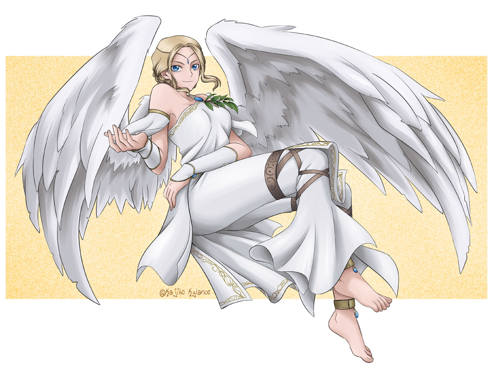 1girl, angel_(tekken), angel_wings, anklet, bad_id, bad_pixiv_id, bare_shoulders, barefoot, blonde_hair, blue_eyes, breasts, circlet, dress, feathered_wings, feet, female_focus, jewelry, kylance, namco, pants, short_hair, solo, tekken, tekken_2, tekken_tag_tournament, tekken_tag_tournament_2, vambraces, white_dress, wings