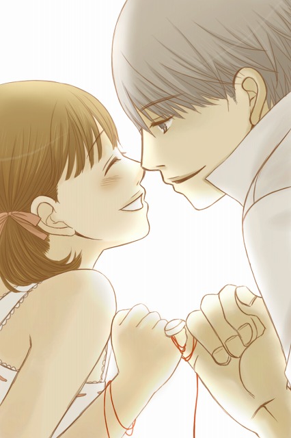 1boy, 1girl, ^_^, atlus, ayachu, brown_hair, closed_eyes, cousins, doujima_nanako, grey_eyes, grey_hair, hair_ribbon, narukami_yu, persona, persona_4, pinky_swear, ribbon, short_hair, smile, string, string_of_fate, twintails