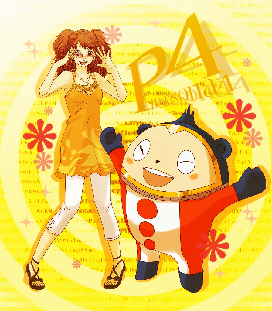 1boy, 1girl, ^_^, arms_up, atlus, ayachu, bare_shoulders, brown_eyes