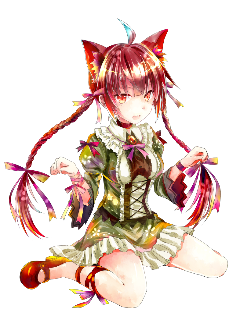 1girl, adapted_costume, ahoge, animal_ears, arm_ribbon, bow, bracelet, braid