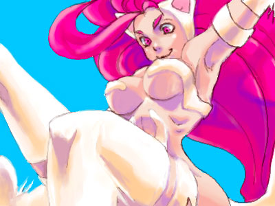 1girl, alternate_color, alternate_hair_color, animal_ears, armpits, big_hair, blue_background, breasts, capcom, cat_ears, darkstalkers, felicia_(darkstalkers), female_focus, fur, knees, lowres, oekaki, pink_eyes, pink_hair, solo, underboob, vivienne9westwood