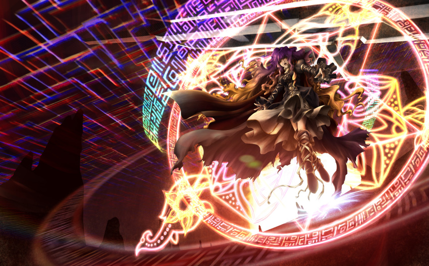 1girl, arm_ribbon, backlighting, black_dress, blonde_hair, boots, dress, female_focus, glowing, gradient_hair, grey_dress, highres, hijiri_byakuren, hokkai, inaba-usagi, inaba_usagi_(rabbit_works), juliet_sleeves, knee_boots, layered_dress, leg_ribbon, long_hair, long_sleeves, makai_(touhou), multicolored_hair, open_mouth, outstretched_arms, puffy_sleeves, purple_hair, ribbon, scroll, solo, sorcerer's_sutra_scroll, torn_clothes, touhou, turtleneck, turtleneck_dress, upskirt, very_long_hair