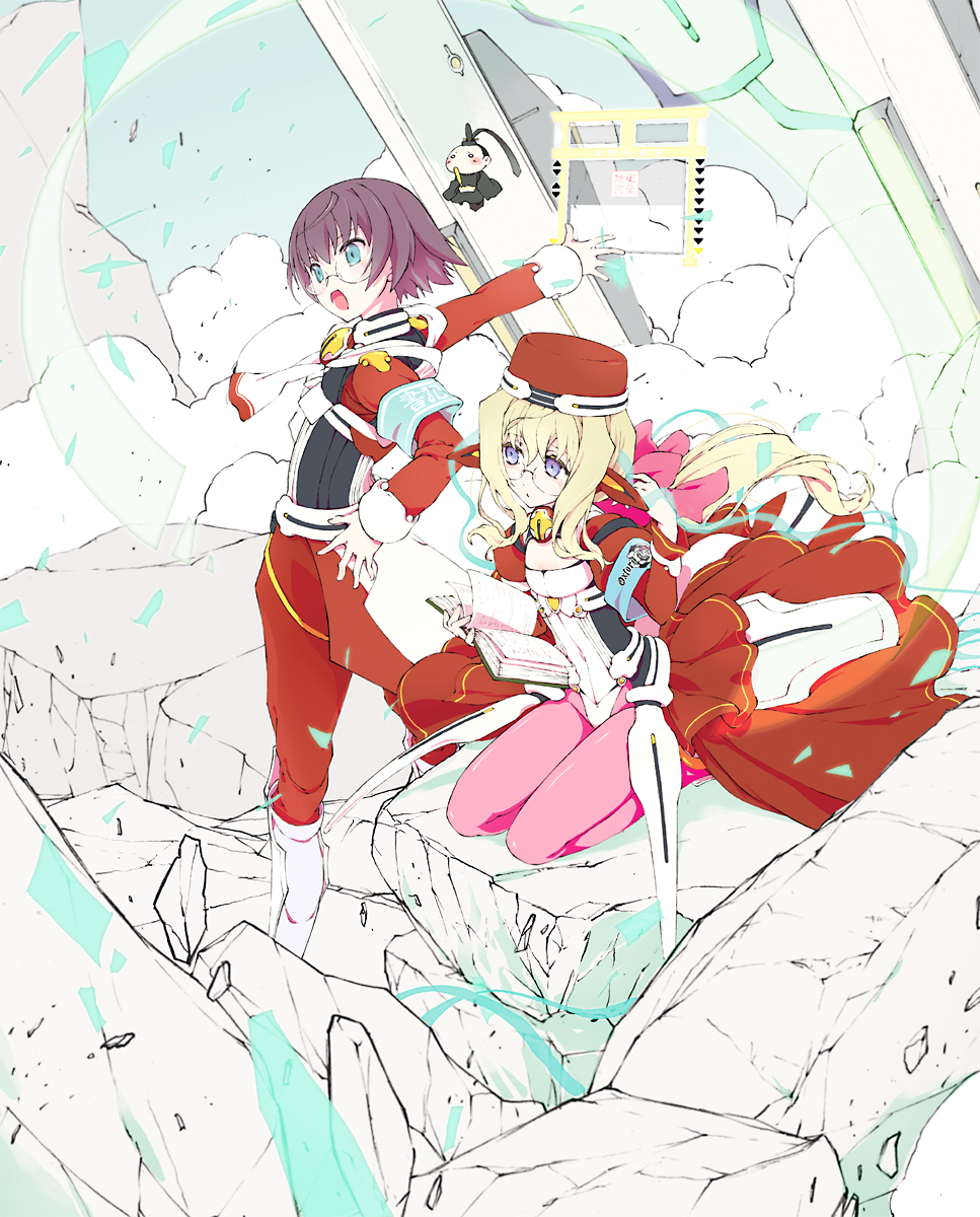 1boy, 1girl, blonde_hair, bodysuit, brown_hair, elf, glasses, highres