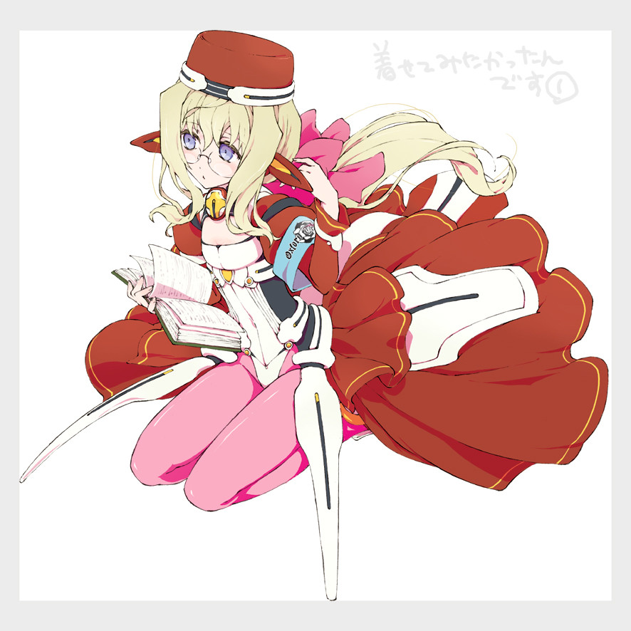 1girl, blonde_hair, blue_eyes, bodysuit, book, elf, female_focus, glasses