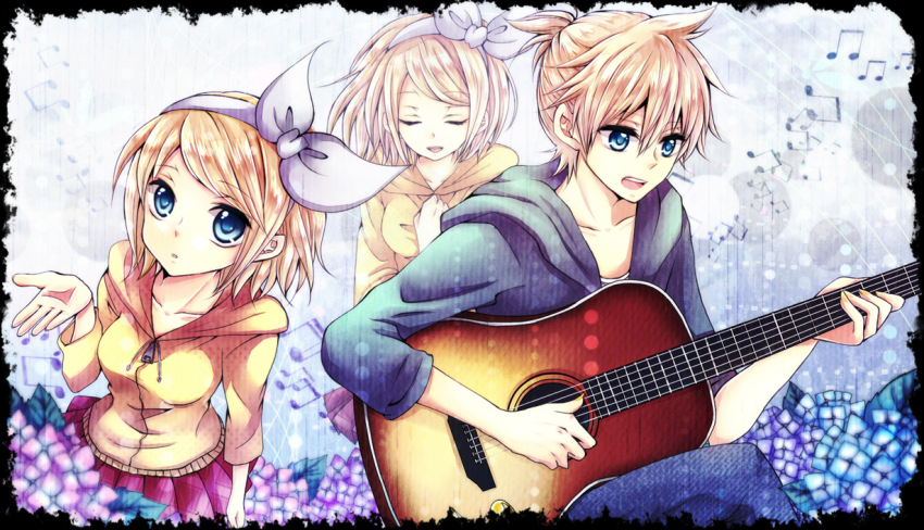 1boy, 1girl, acoustic_guitar, black_border, blonde_hair, blue_eyes, border, brother_and_sister, crossed_legs, flower, guitar, hair_ribbon, hiromi_(pico_milk), hydrangea, instrument, kagamine_len, kagamine_rin, musical_note, open_mouth, ribbon, short_hair, siblings, sitting, twins, vocaloid