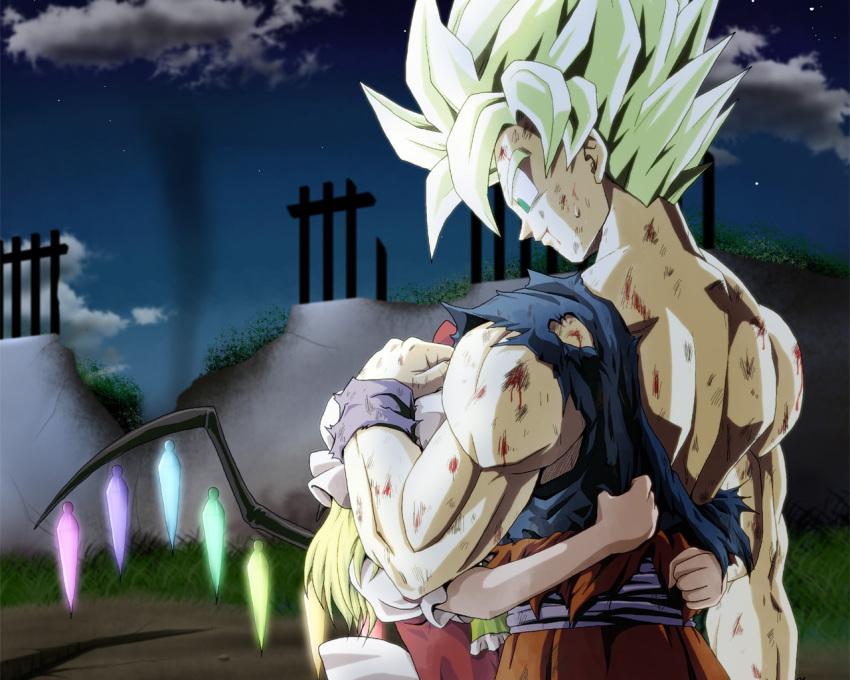 1boy, 1girl, blonde_hair, blood, bruise, clothes, cloud, crossover