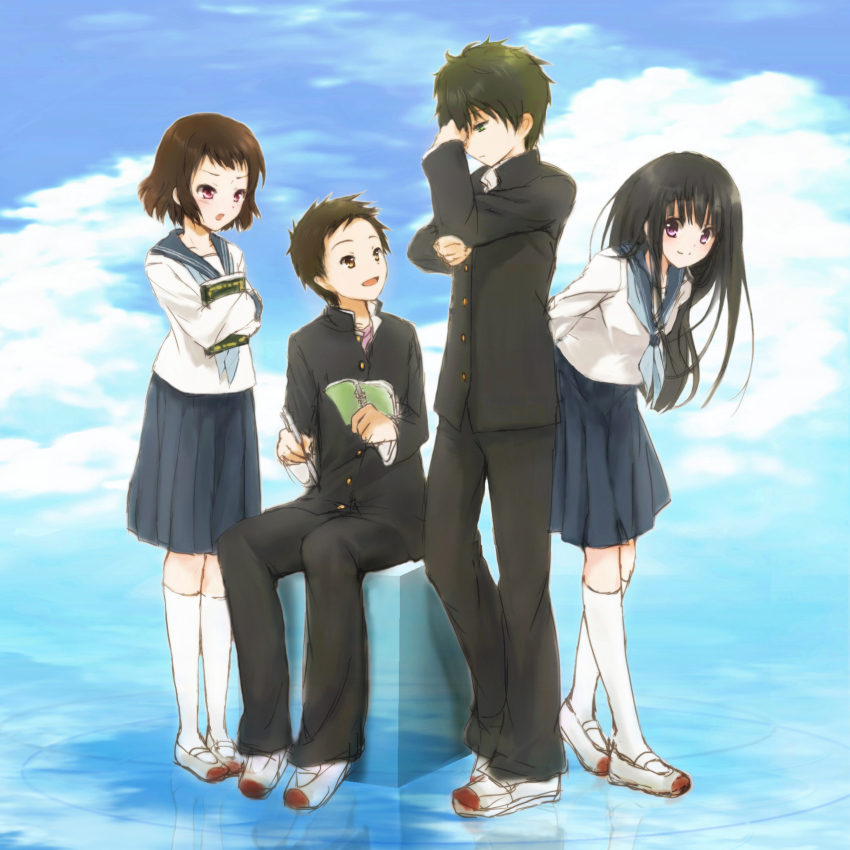 10s, 2boys, 2girls, black_hair, book, box, brown_hair, chitanda_eru, coluel, fukube_satoshi, gakura, green_eyes, highres, hyouka, ibara_mayaka, kamiyama_high_school_uniform_(hyouka), long_hair, multiple_boys, multiple_girls, oreki_houtarou, purple_eyes, red_eyes, school_uniform, serafuku, shoes, short_hair, uwabaki