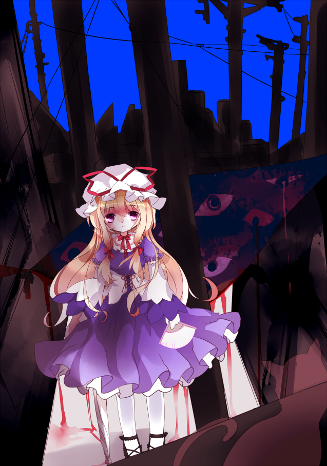 1girl, bad_id, bad_pixiv_id, blonde_hair, blood, dress, female_focus, folding_fan, gap_(touhou), hand_fan, hat, long_hair, nekokyu, pantyhose, power_lines, purple_dress, purple_eyes, solo, touhou, utility_pole, white_pantyhose, yakumo_yukari