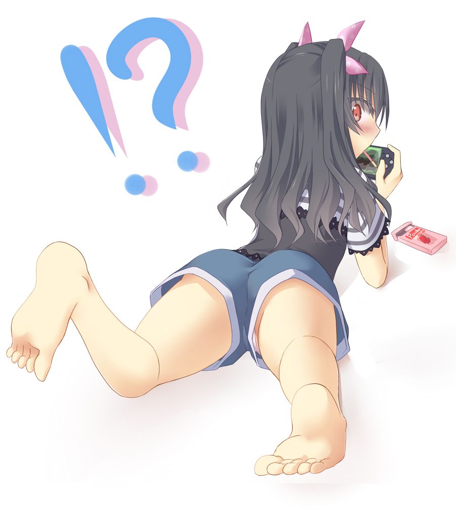 !?, 10s, 1girl, alternate_costume, ass, barefoot, black_hair, blush