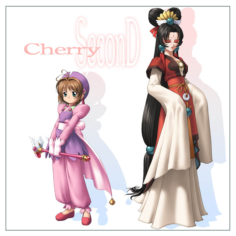 1990s_(style), 2girls, black_hair, cardcaptor_sakura, cherry_third, child, circle_garyuu, full_body, fuuin_no_tsue, gem, hair_rings, hat, height_difference, kinomoto_sakura, long_sleeves, looking_at_viewer, madoushi, magical_girl, multiple_girls, pink_background, purple_hat, retro_artstyle, robe, simple_background, standing, tiara, wide_sleeves