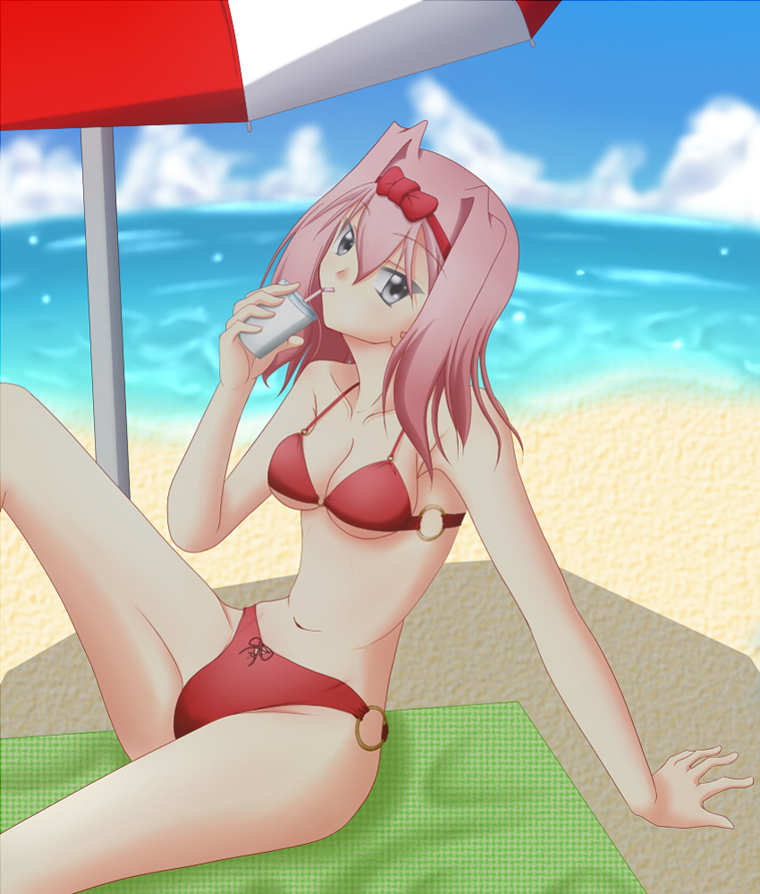 1girl, beach, bikini, cup, drink, drinking_straw, hair_ribbon, pink_hair