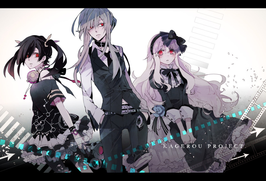 3girls, alternate_costume, bad_id, bad_pixiv_id, black_hair, dress, dress_flower, ene_(kagerou_project)