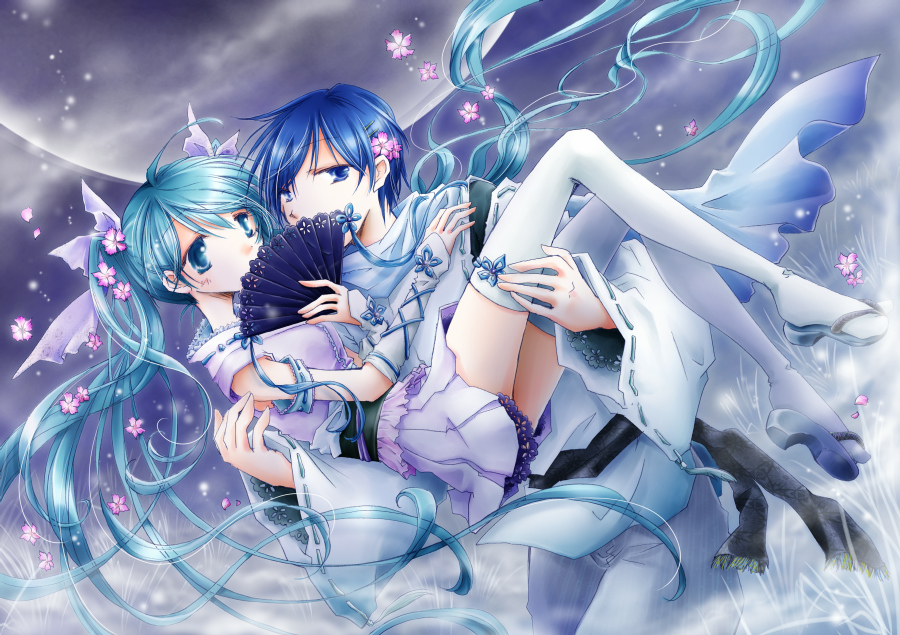 1boy, 1girl, ahoge, aqua_eyes, aqua_hair, blue_eyes, blue_hair, carrying, hand_fan, folding_fan, fujie, hair_ribbon, hatsune_miku, kaito_(vocaloid), long_hair, moon, petals, princess_carry, ribbon, sandals, skirt, thighhighs, twintails, very_long_hair, vocaloid