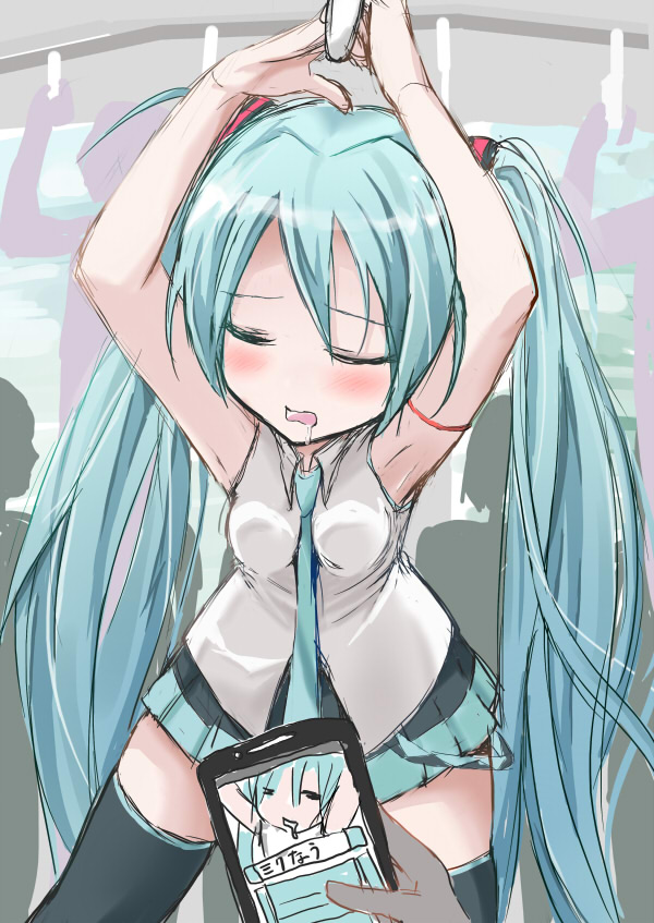 1girl, aqua_hair, armpits, arms_up, blush, character_name, closed_eyes, female_focus, hand_grip, hatsune_miku, holding_hand_grip, long_hair, necktie, open_mouth, poipoi_purin, saliva, skirt, sleeping, sleeping_upright, solo, thighhighs, train, train_interior, twintails, very_long_hair, vocaloid