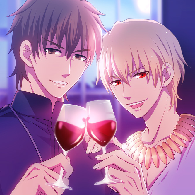 2boys, alcohol, blonde_hair, brown_eyes, cup, drinking_glass, fate/zero, fate_(series), gilgamesh_(fate), hisohiso, hisohiso_(altoblue), indoors, jewelry, kotomine_kirei, male_focus, md5_mismatch, multiple_boys, necklace, official_alternate_costume, red_eyes, sky, wine, wine_glass