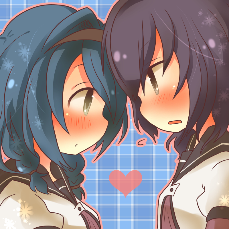 2girls, black_hair, blush, braid, brown_eyes, dress, eye_contact, funami_yui