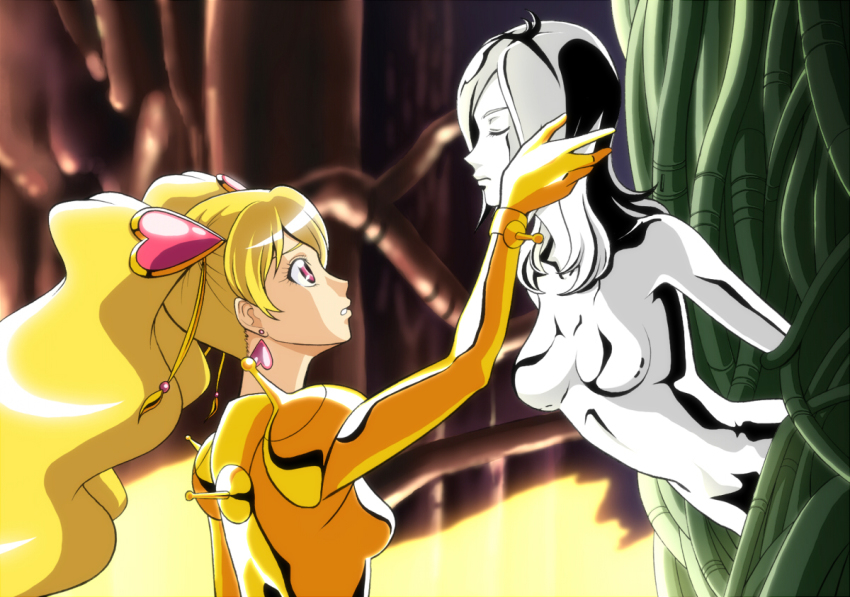 2girls, blonde_hair, bodysuit, closed_eyes, cosplay, crossover, cure_peach, earrings