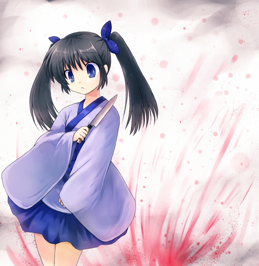 1girl, black_hair, blood, blue_eyes, female_focus, highres, houchou-san_no_uwasa, knife