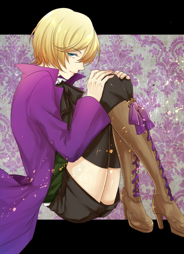 1boy, alois_trancy, blonde_hair, blue_eyes, boots, full_body, kuroshitsuji, male_focus, ribbon, solo, thighhighs, ymsr