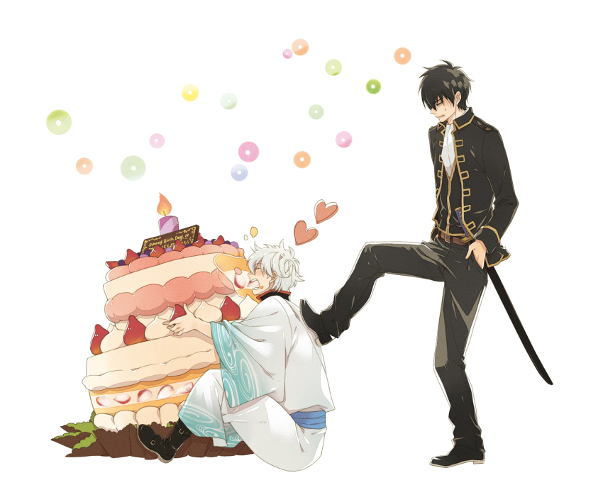 2boys, birthday_cake, black_hair, cake, eating, food, gintama, heart