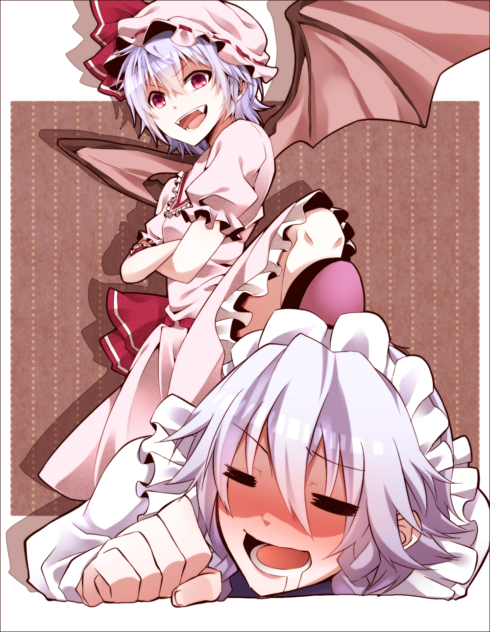 >:), >:d, 2girls, :d, bat_wings, blush, crossed_arms, drooling, closed_eyes, fangs, female_focus, femdom, foot_on_another's_head, hat, highres, izayoi_sakuya, maid_headdress, multiple_girls, open_mouth, purple_hair, red_eyes, remilia_scarlet, sakura_hazuki, short_hair, silver_hair, smile, stepped_on, touhou, v-shaped_eyebrows, wings, yuri