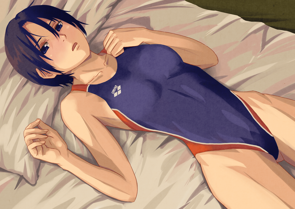 00s, 1girl, black_eyes, black_hair, blush, collarbone, competition_swimsuit, female_focus, gokujou_seitokai, lying, on_back, one-piece_swimsuit, open_mouth, pillow, short_hair, solo, swimsuit, tomoshiki, yukimi_itami