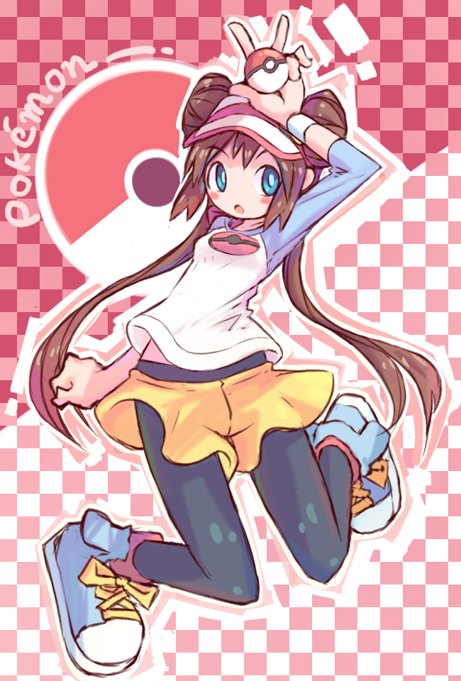 10s, 1girl, :o, blue_eyes, brown_hair, double_bun, female_focus, hair_bun, hat, nintendo, open_mouth, poke_ball, pokemon, pokemon_black_2_and_white_2, rosa_(pokemon), shoes, sneakers, solo, visor_cap, zerosonicly