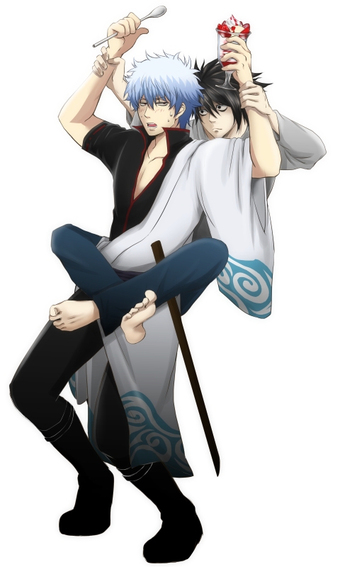 2boys, bags_under_eyes, barefoot, black_eyes, black_hair, crossover, death_note, food