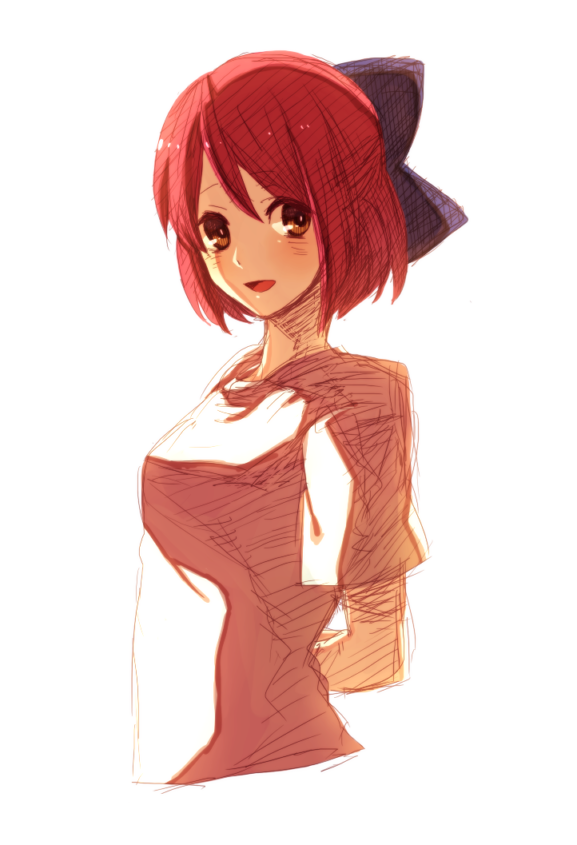 00s, 1girl, arms_behind_back, bad_id, bad_pixiv_id, female_focus, kohaku_(tsukihime), red_hair, ribbon, short_hair, smile, solo, tatanbobo, tsukihime, white_background