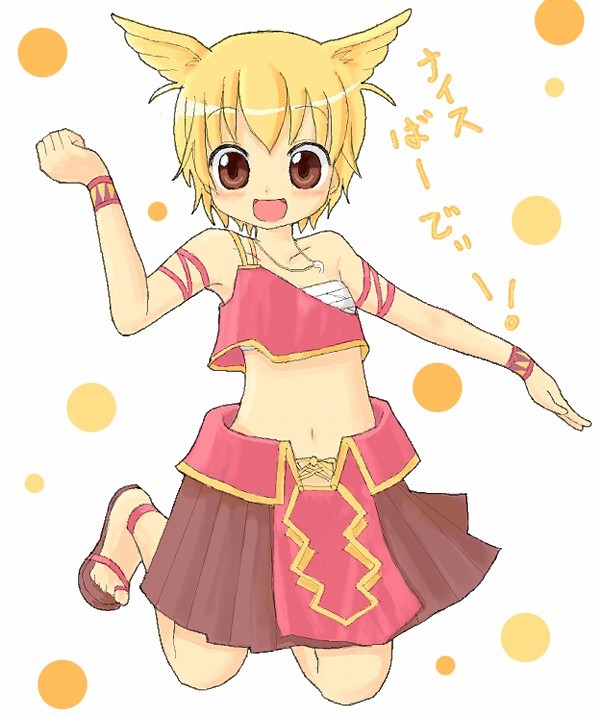 1girl, anklet, armband, blonde_hair, blush, brown_eyes, chaba, chaba_(chabanyu), crop_top, feet, female_focus, flat_chest, head_wings, jewelry, jumping, lola, lola_(pangya), midriff, navel, necklace, open_mouth, pangya, sandals, sarashi, short_hair, skirt, solo, translation_request, wings, wristband