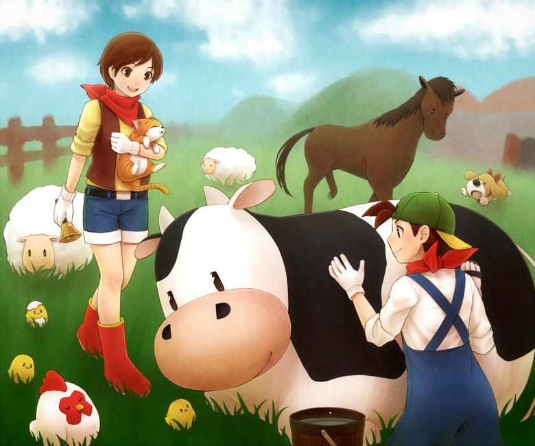 1boy, 1girl, bird, brown_hair, cat, chicken, cow, dog, ekuru_(pixiv618303), harvest_moon, hat, horse, overralls, pete_(bokujou_monogatari), sara_(bokujou_monogatari), sheep, short_hair