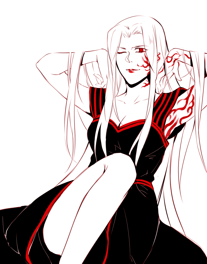 1girl, absurdres, amore1989, angra_mainyu_(fate), bad_id, bad_pixiv_id, body_markings, corruption, dark_persona, dress, facial_mark, fate/zero, fate_(series), female_focus, highres, irisviel_von_einzbern, irisviel_von_einzbern_(black_iri), lipstick, long_hair, makeup, one_eye_closed, possessed, possession, red_eyes, solo, white_hair, wink