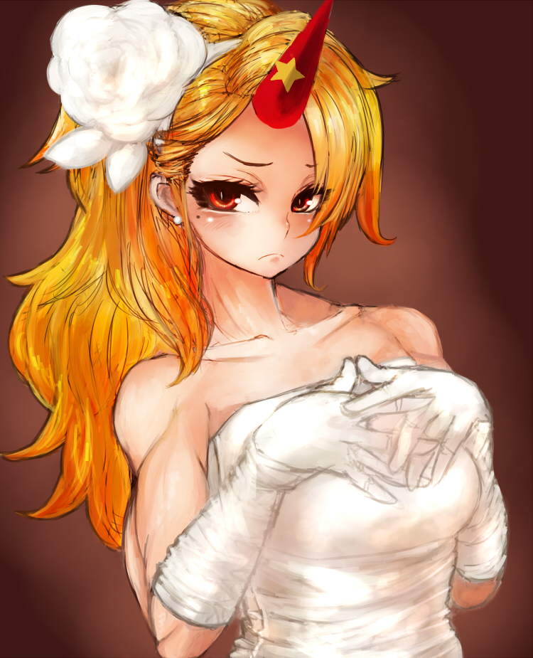1girl, alternate_costume, alternate_hairstyle, bare_shoulders, blonde_hair, blush, collarbone, dress, earrings, female_focus, gloves, gobou, gobou_(gbu), hair_ornament, hairband, horns, hoshiguma_yuugi, jewelry, looking_at_viewer, mole, mole_under_eye, muscular, red_eyes, single_horn, sketch, solo, touhou, wedding_dress, white_dress, white_gloves