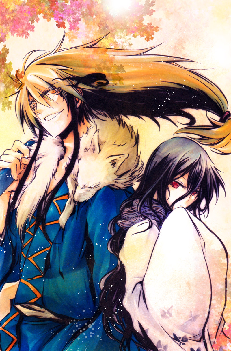 1boy, 1girl, black_hair, grin, highres, japanese_clothes, multicolored_hair, nekoritatsuki, nura_rihyon, nurarihyon_no_mago, red_eyes, setsura, smile, two-tone_hair, wolf, yellow_eyes