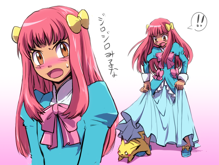 !, !!, 1boy, angry, ash_ketchum, ashley_(pokemon_bw098), blue_dress, blunt_bangs, blush, bow, brown_eyes, crossdressing, crossdressing_(mtf), dress, gen_1_pokemon, hair_bow, hair_ornament, holding_own_dress, juliet_sleeves, long_hair, long_sleeves, looking_at_viewer, muraziti-zu, nintendo, open_mouth, pikachu, pink_bow, pink_hair, pokemon, pokemon_(anime), pokemon_(creature), pokemon_the_series:_black_&amp;_white, puffy_sleeves, ribbon, shoes, sidelocks, sweat, sweatdrop, translated, trap, wig, yellow_bow